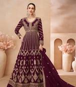 Maroon sequins and embroidery chinon silk anarkali lehenga- free size stitching(size upto 42")