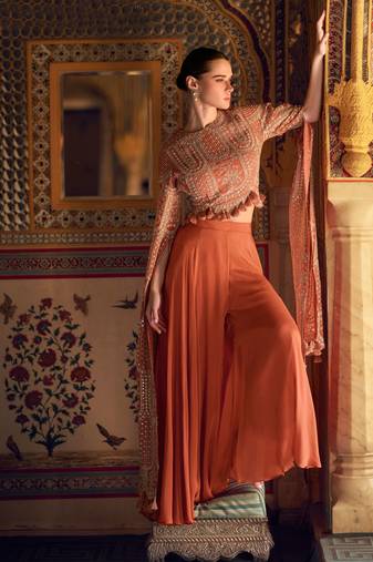 Orange sequins and embroidery chinon silk blouse palazzo- free size stitching(size upto 42")