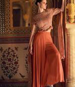 Orange sequins and embroidery chinon silk blouse palazzo- free size stitching(size upto 42")