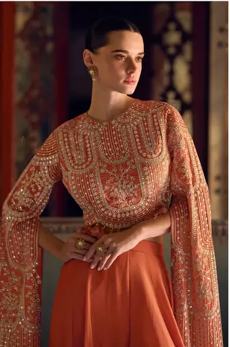 Orange sequins and embroidery chinon silk blouse palazzo- free size stitching(size upto 42")