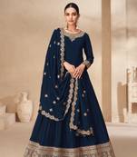 Teal sequins and embroidery silk gown- free size stitching(size upto 42")