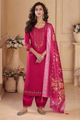 Pink sequins and embroidery, digital print viscose straight patiala- free size stitching(size upto 42") 1