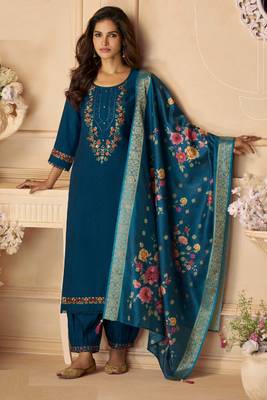 Blue sequins and embroidery, digital print viscose straight patiala- free size stitching(size upto 42") 1