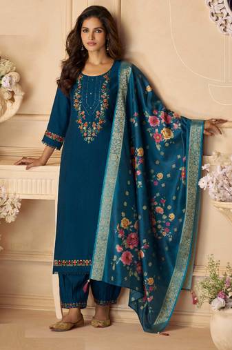 Blue sequins and embroidery, digital print viscose straight patiala- free size stitching(size upto 42")