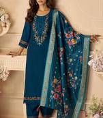 Blue sequins and embroidery, digital print viscose straight patiala- free size stitching(size upto 42")