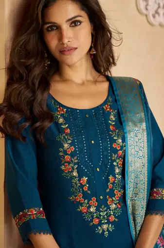 Blue sequins and embroidery, digital print viscose straight patiala- free size stitching(size upto 42")
