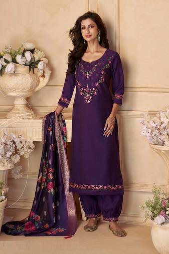 Purple sequins and embroidery, digital print viscose straight patiala- free size stitching(size upto 42")