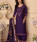 Purple sequins and embroidery, digital print viscose straight patiala- free size stitching(size upto 42")