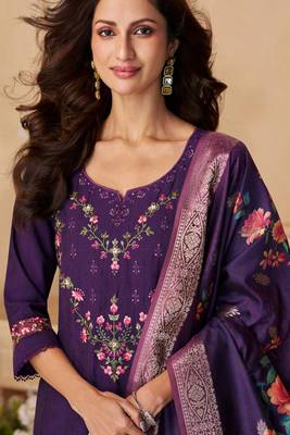 Purple sequins and embroidery, digital print viscose straight patiala- free size stitching(size upto 42") 2