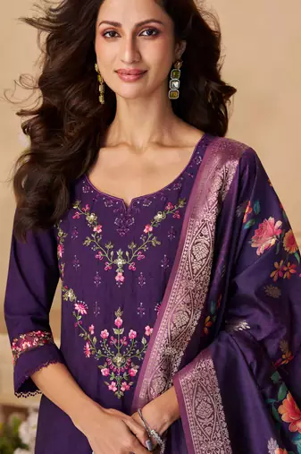 Purple sequins and embroidery, digital print viscose straight patiala- free size stitching(size upto 42")
