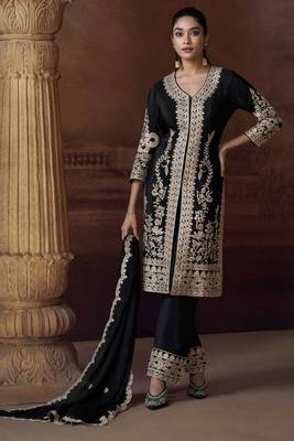 Black sequins and thread embroidery chinon straight pant- free size stitching(size upto 42") 1