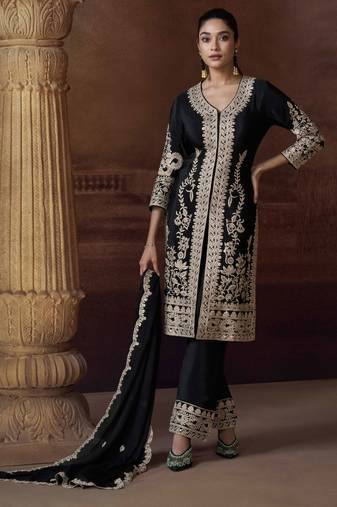 Black sequins and thread embroidery chinon straight pant- free size stitching(size upto 42")