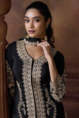 Black sequins and thread embroidery chinon straight pant- free size stitching(size upto 42") 2