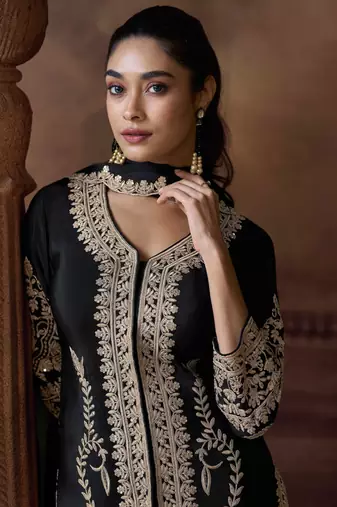 Black sequins and thread embroidery chinon straight pant- free size stitching(size upto 42")