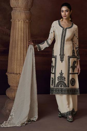 Beige sequins and thread embroidery chinon straight palazzo- free size stitching(size upto 42")