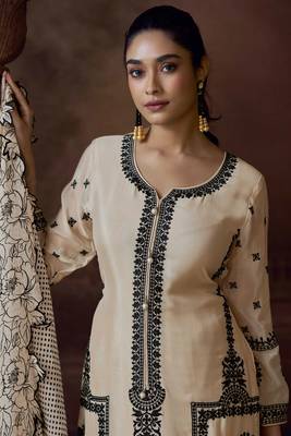 Beige sequins and thread embroidery chinon straight palazzo- free size stitching(size upto 42") 2