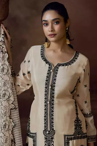 Beige sequins and thread embroidery chinon straight palazzo- free size stitching(size upto 42")