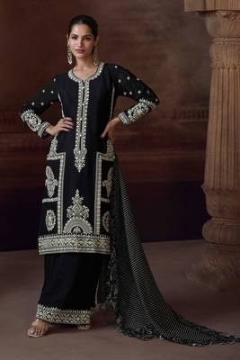 Black sequins and thread embroidery chinon straight palazzo- free size stitching(size upto 42") 1