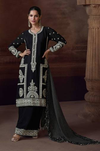 Black sequins and thread embroidery chinon straight palazzo- free size stitching(size upto 42")