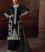 Black sequins and thread embroidery chinon straight palazzo- free size stitching(size upto 42")
