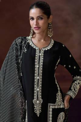 Black sequins and thread embroidery chinon straight palazzo- free size stitching(size upto 42") 2