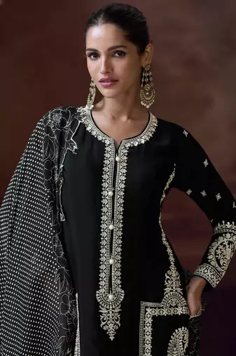 Black sequins and thread embroidery chinon straight palazzo- free size stitching(size upto 42")