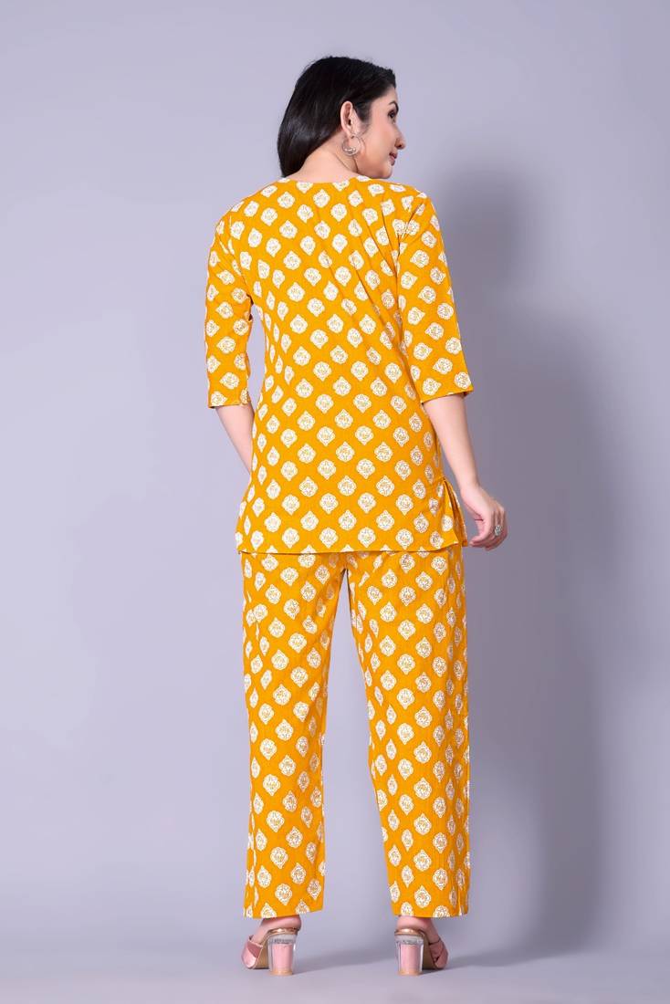 Yellow Color Cotton Co-ord Set with Top and Pant