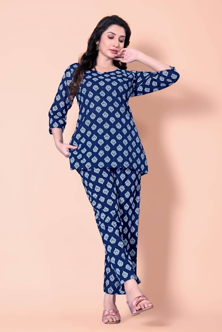 Navy Blue Color Cotton Co-ord Set with Top and Pant