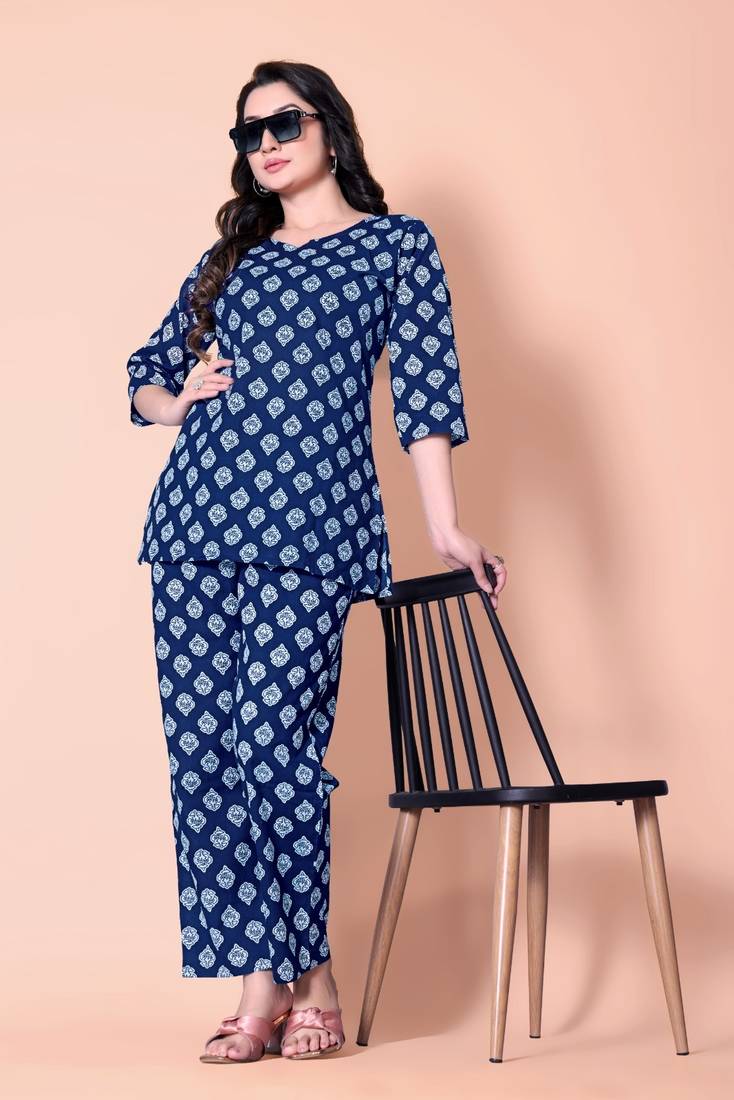 Navy Blue Color Cotton Co-ord Set with Top and Pant