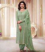 Light green chinon silk semi stitched ceremonial suits