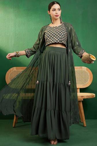 Georgette Sequin Embroidery Crop Top Lehenga with Shrug Suit Set