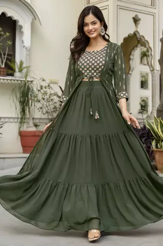 Georgette Sequin Embroidery Crop Top Lehenga with Shrug Suit Set