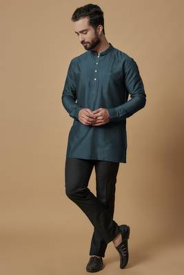 Teal blue pintucked shirt kurta 1