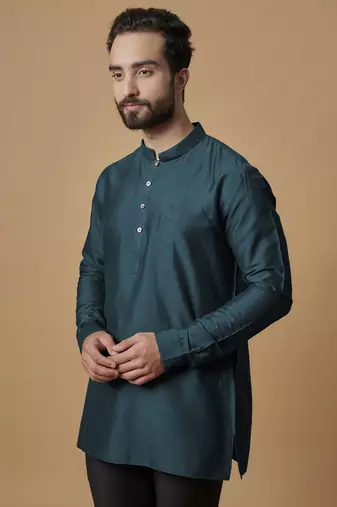 Teal blue pintucked shirt kurta