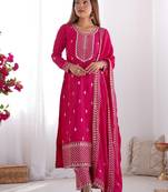 Elegant pink Suit set with embroidered dupatta and flowing palazzo