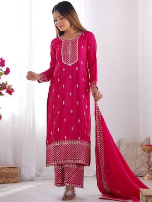 Elegant pink Suit set with embroidered dupatta and flowing palazzo 2