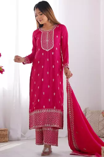 Elegant pink Suit set with embroidered dupatta and flowing palazzo