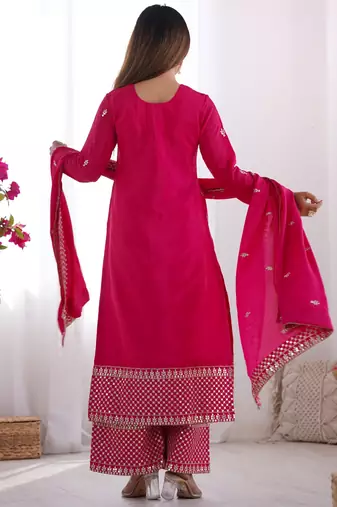 Elegant pink Suit set with embroidered dupatta and flowing palazzo