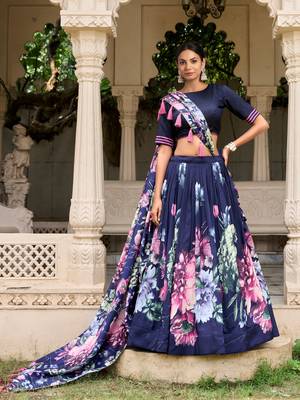 Trendmalls Summer Special Light Jam Satin Flower Printed Lehenga Choli with Dupatta for Women 1