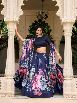 Trendmalls Summer Special Light Jam Satin Flower Printed Lehenga Choli with Dupatta for Women 2