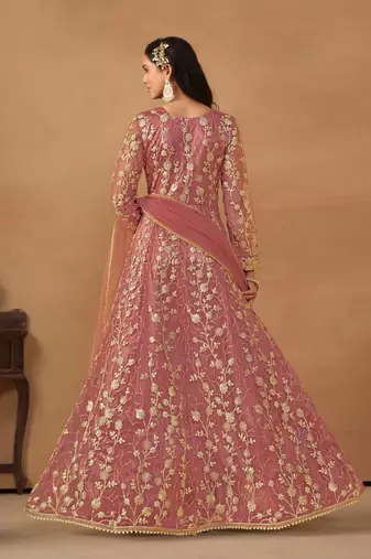 Light pink net heavy embroidery semi stitched wedding gowns