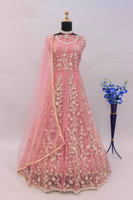 Light pink net heavy embroidery semi stitched wedding gowns 1
