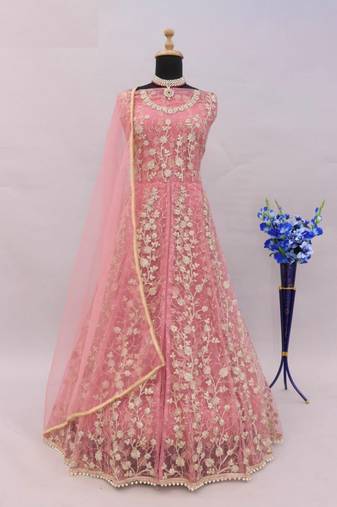 Light pink net heavy embroidery semi stitched wedding gowns