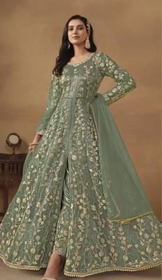 Light green net heavy embroidery semi stitched wedding gowns 1