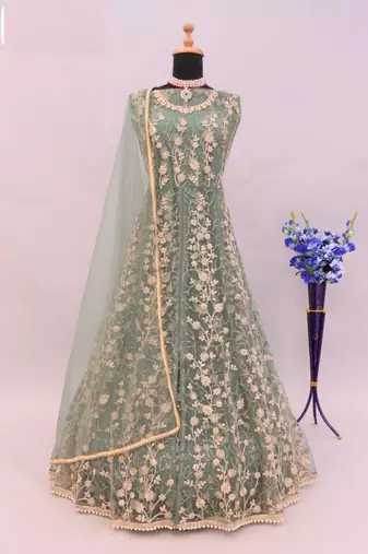 Light green net heavy embroidery semi stitched wedding gowns