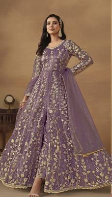 Purple net heavy embroidery semi stitched wedding gowns 1