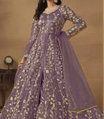 Purple net heavy embroidery semi stitched wedding gowns
