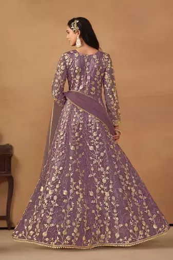 Purple net heavy embroidery semi stitched wedding gowns