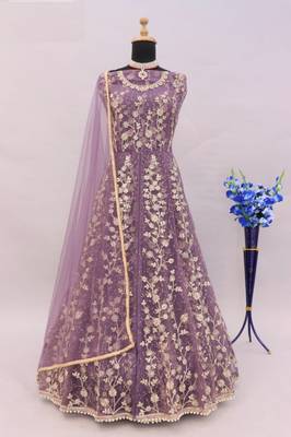 Purple net heavy embroidery semi stitched wedding gowns 3