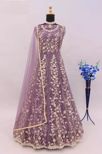 Purple net heavy embroidery semi stitched wedding gowns